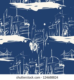 Grunge elegance ink splash seamless pattern of city