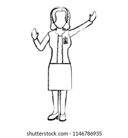 grunge elegant businesswoman with hairstyle and hand up