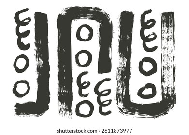 Grunge elements with brush stroke texture. Hand drawn black ink graffiti geometric urban street style maze shapes on white background. Circle, squiggles abstract figures.