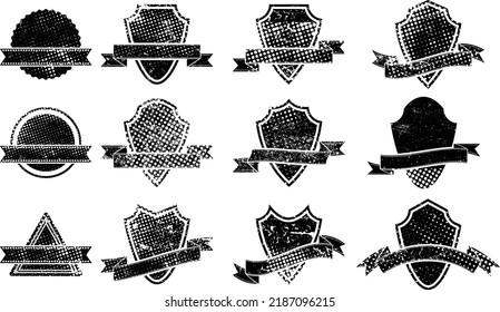 Grunge Elements para su diseño . Pancartas, sellos, logotipos, iconos, etiquetas y distintivos. La impresión de pantalla y los puntos de semitono texturan las formas.
