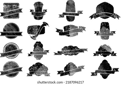 Grunge Elements for your Design . Banners, Stamps, Logos, Icons, Labels and Badges Set. Screen print and halftone dots textured shapes .