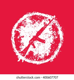 grunge emblem with automatic rifle, t-shirt print with gun, white on red, vector illustration