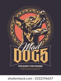 Diseño de emblema de grunge con mascota de perro doberman. Cadena de oro brillante alrededor de la cabeza del perro. Diseño brutal tipográfico para prendas de vestir, streetwear y stickers. Vector de Plantilla gráfica. 