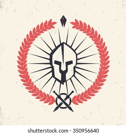 Grunge emblem, logo with spartan helmet, vector illustration