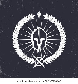 Grunge emblem, logo with spartan helmet, white on dark, vector illustration