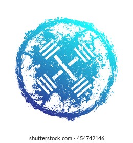 grunge emblem, print with crossed dumbbells, blue on white