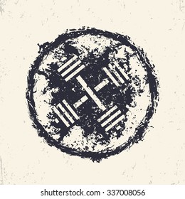 grunge emblem, sign, print with crossed dumbbells, vector illustration