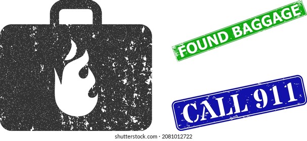 Grunge emergency case icon and rectangular corroded Found Baggage seal stamp. Vector green Found Baggage and blue Call 911 seals with corroded rubber texture,