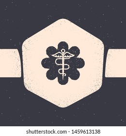 Grunge Emergency star - medical symbol Caduceus snake with stick icon isolated on grey background. Star of Life. Monochrome vintage drawing. Vector Illustration