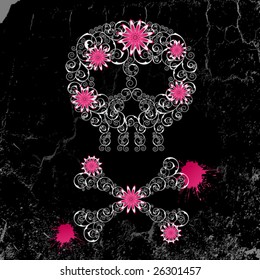 Grunge emo  background with skull and flowers.