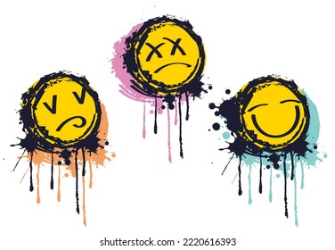 Grunge Emoji Graffiti Stil. Mit Schummeln und Buben Street Stil. Moderne, helle Vektorgrafik aller Emoticons einzeln auf weißem Hintergrund.