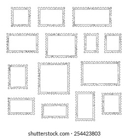 Grunge empty blank postage stamps different size, icons set, isolated on white background, vector illustration.