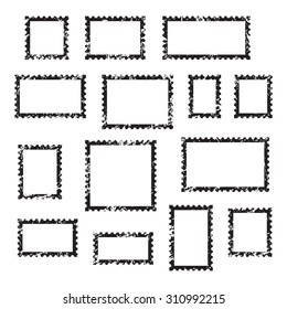 Grunge empty blank postage stamps different size, icons set, black isolated on white background, vector illustration.