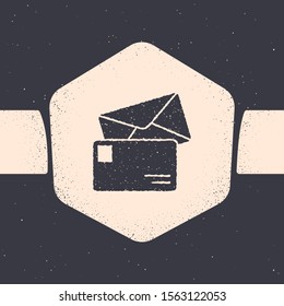 Grunge Envelope icon isolated on grey background. Email message letter symbol. Monochrome vintage drawing. Vector Illustration