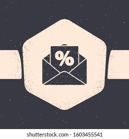 Grunge Envelope with an interest discount from the store icon isolated on grey background. Monochrome vintage drawing. Vector Illustration
