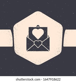 Grunge Envelope with Valentine heart icon isolated on grey background. Message love. Letter love and romance. Monochrome vintage drawing. Vector Illustration