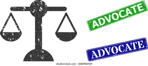 Icono de peso de equilibrio de borrón y goma rectangular Sello Advocate. Advocate verde vectorial y precintos Advocate azules con textura de goma gruesa, diseñados para ilustración de peso de equilibrio.
