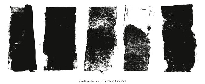 Grunge eroded line textures set. Ink roller background. Vintage rectangles imprint. Dry black brayer striped isolated on white background. Painted relief stains. Vector lino eroded wide dirty form.