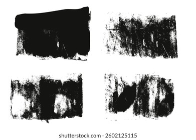 Grunge eroded textures set. Ink roller background. Vintage rectangles imprint. Dry black brayer striped isolated on white background. Painted relief stains. Vector lino eroded abstract wide dirty form