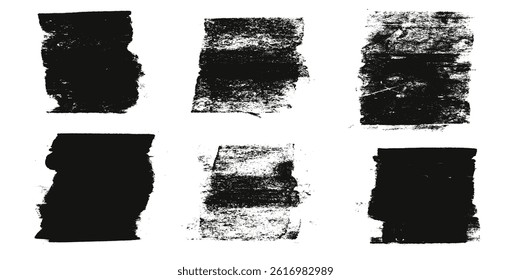 Grunge eroded textures set. Ink roller square background. Vintage rectangles imprint. Dry black brayer striped isolated on white background. Painted relief stains. Vector eroded abstract dirty form.