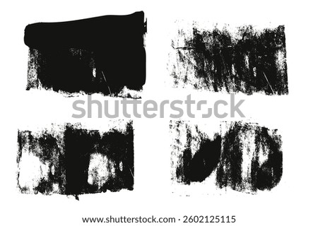 Grunge eroded textures set. Ink roller background. Vintage rectangles imprint. Dry black brayer striped isolated on white background. Painted relief stains. Vector lino eroded abstract wide dirty form
