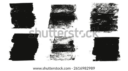 Grunge eroded textures set. Ink roller square background. Vintage rectangles imprint. Dry black brayer striped isolated on white background. Painted relief stains. Vector eroded abstract dirty form.