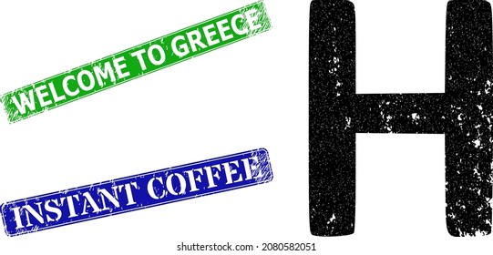 Grunge Eta Greek symbol icon and rectangle rubber Welcome to Greece seal stamp. Vector green Welcome to Greece and blue Instant Coffee imprints with grunge rubber texture,