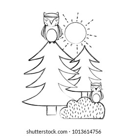 grunge ethnic owls animals with pine trees and bushes