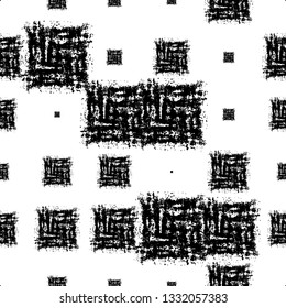 Grunge Ethnic Seamless Pattern for Cloth. Vintage African Print Design. Cloth Pattern with Scattered Messy Squares. Vintage Rusty Check Textile Design.