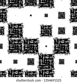 Grunge Ethnic Seamless Pattern for Cloth. Dirt Paintbrush Tribal Design. Cloth Pattern with Scattered Messy Squares. Vintage Rusty Check Textile Design.