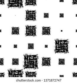 Grunge Ethnic Seamless Pattern for Cloth. Rusty Smear Fabric Design. Cloth Pattern with Scattered Messy Squares. Vintage Rusty Check Textile Design.