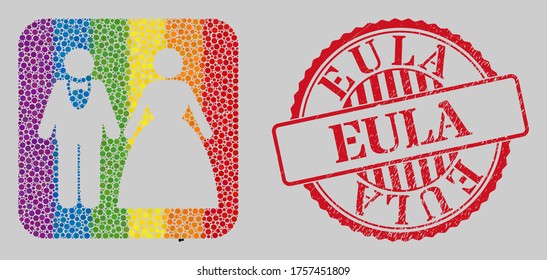 Grunge Eula stamp and mosaic groom with bride hole for LGBT. Dotted rounded rectangle collage is around groom with bride hole. LGBT rainbow colors. Red rounded grunge watermark with Eula message.