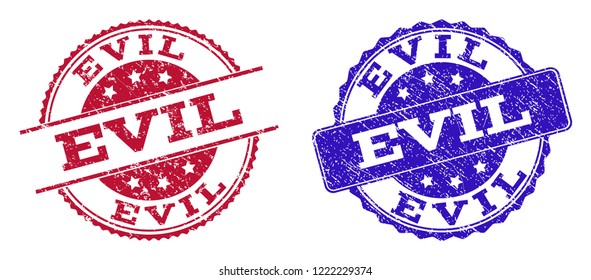 Grunge EVIL seal stamps in blue and red colors. Stamps have draft texture. Vector rubber imitation with Evil text. Illustration design includes round, rounded rectangle, rosette, line items.