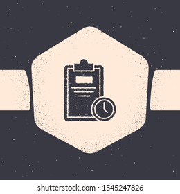 Grunge Exam sheet with clock icon isolated on grey background. Test paper, exam, or survey concept. School test or exam. Monochrome vintage drawing. Vector Illustration
