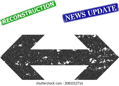 Grunge exchange arrow icon and rectangle scratched Reconstruction seal. Vector green Reconstruction and blue News Update imprints with scratched rubber texture,