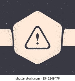Grunge Exclamation mark in triangle icon isolated on grey background. Hazard warning sign, careful, attention, danger warning important sign. Monochrome vintage drawing. Vector Illustration