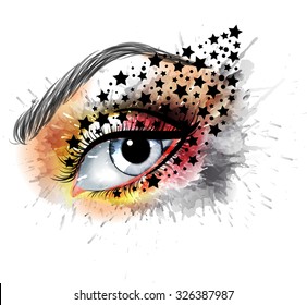 Grunge eye with stars  makeup beauty and fashion creative concept