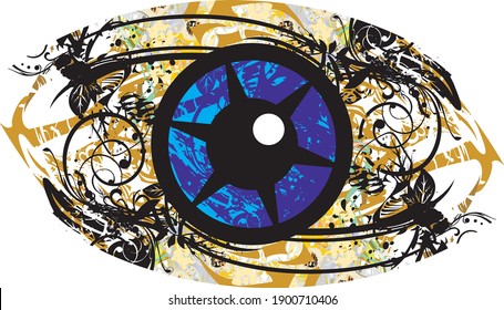 Símbolo de ojo ondulado con elementos florales. Un ojo abstracto con coloridos estribos decorativos florales puede utilizarse como un elemento de tecnología de la información, papel pintado, impresiones, textiles, etc.