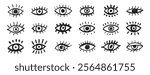 Grunge eyes hand drawn doodle icon set. Open black eyes with bold line. Monochrome eye element. Vector illustration