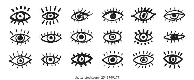 Grunge eyes hand drawn doodle icon set. Open black eyes with bold line. Monochrome eye element. Vector illustration