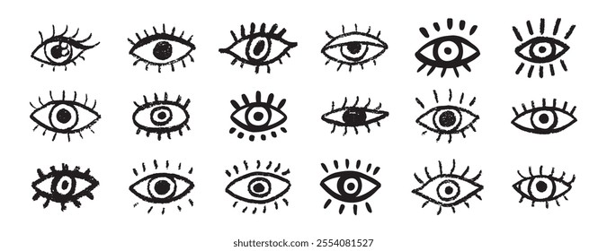 Grunge eyes hand drawn doodle icon set. Open black eyes with bold line. Monochrome eye element. Vector illustration