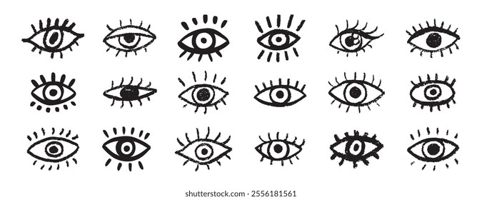 Grunge eyes hand drawn doodle icon set. Open black eyes with bold line. Monochrome eye element. Vector illustration