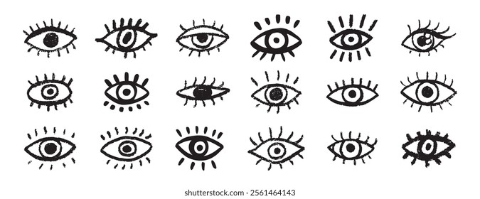 Grunge eyes hand drawn doodle icon set. Open black eyes with bold line. Monochrome eye element. Vector illustration