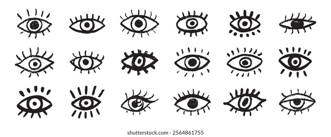 Grunge eyes hand drawn doodle icon set. Open black eyes with bold line. Monochrome eye element. Vector illustration