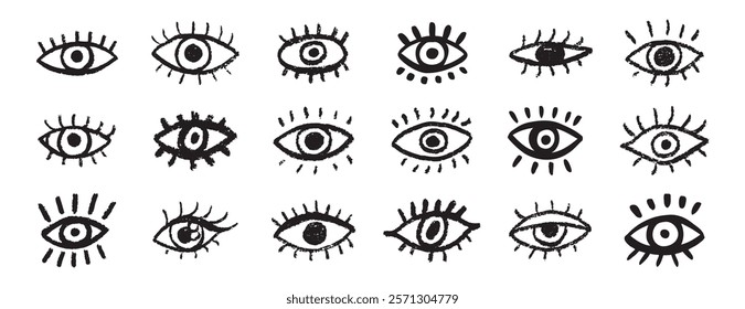 Grunge eyes hand drawn doodle icon set. Open black eyes with bold line. Monochrome eye element. Vector illustration