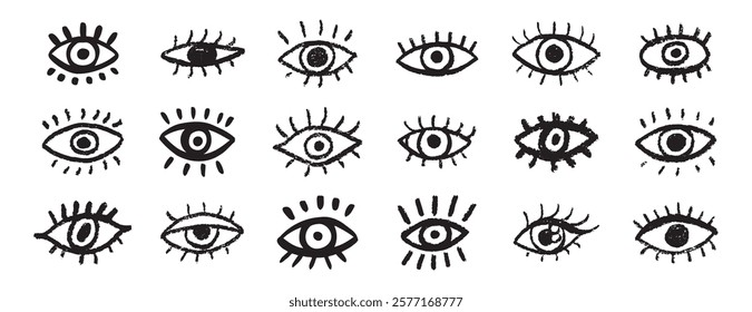 Grunge eyes hand drawn doodle icon set. Open black eyes with bold line. Monochrome eye element. Vector illustration