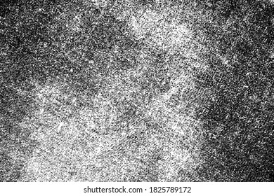Grunge fabric texture. Monochrome halftone textile background with diagonal threads, noise and grain. Overlay template. Vector illustration