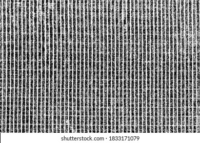 Grunge fabric texture with vertical stripes. Abstract monochrome background of rough black and white fabric. Vector illustration. Overlay template.