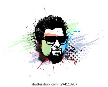 Grunge Face of Man on White Background.
