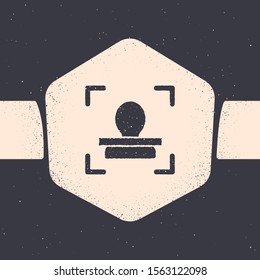 Grunge Face recognition icon isolated on grey background. Face identification scanner icon. Facial id. Cyber security concept. Monochrome vintage drawing. Vector Illustration
